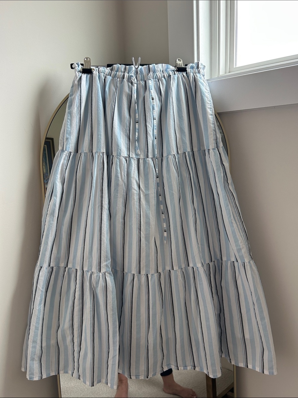 J. Crew Factory Blue and White Striped Tiered Maxi Skirt